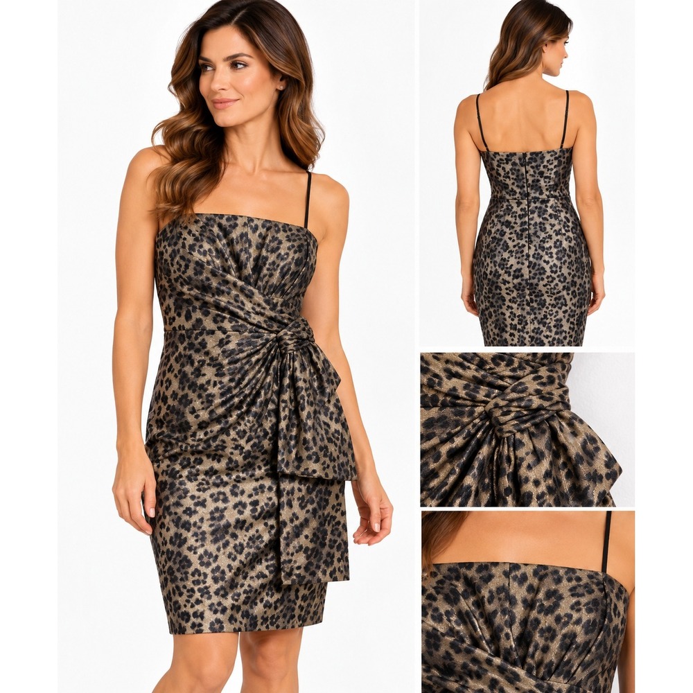 Maggy London Leopard Print Sheath Dress Womens 8 Gold Black Metallic Side Bow